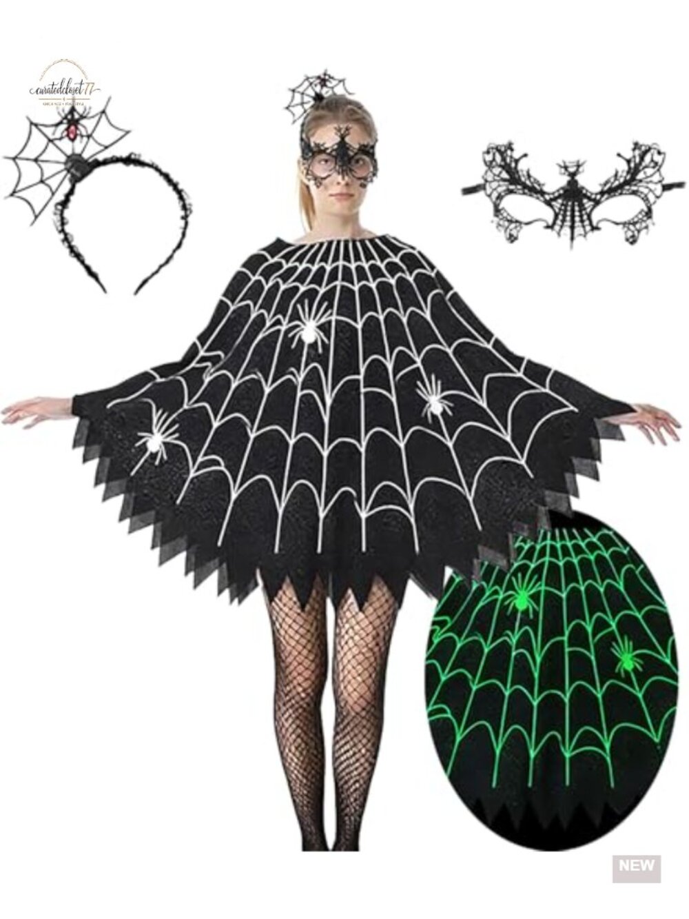 Spider Web Poncho Halloween Costume Set with Mask Headband Womens